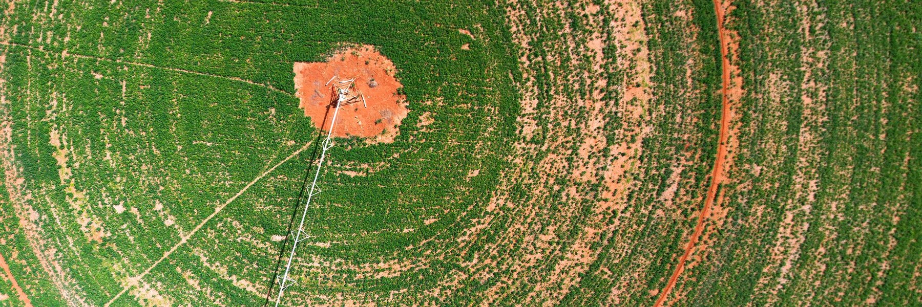 A centre-pivot irrigated crop circle in red earth, seen from directly above.